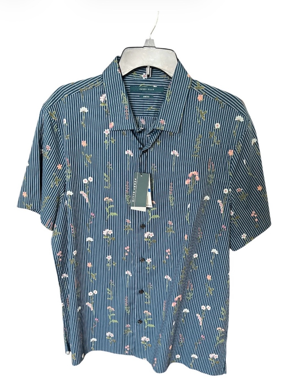 Perry Ellis Navy Blue Floral-Striped Short Sleeve Button-Down Shirt